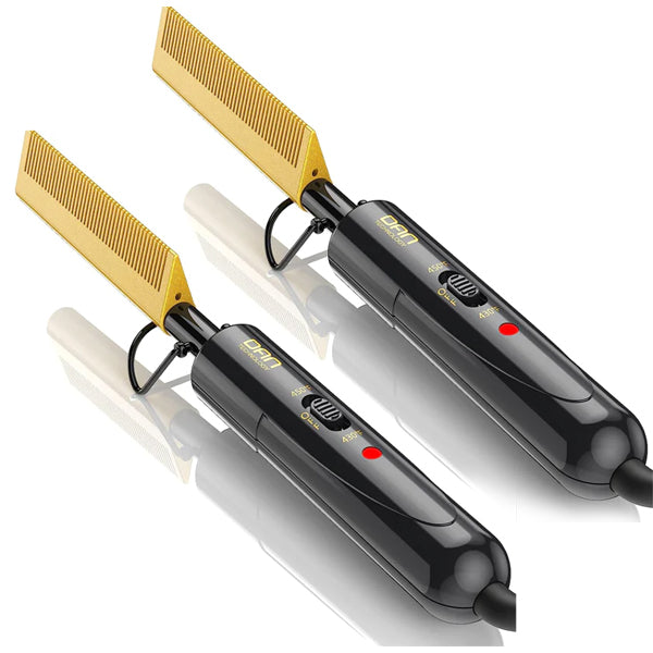 The image shows the 2 Pack - Dan Technology Ceramic Hot Comb Hair Straightener by DAN Technology, featuring black and gold ceramic-coated combs with temperature control dials and red indicator lights on a white background.
